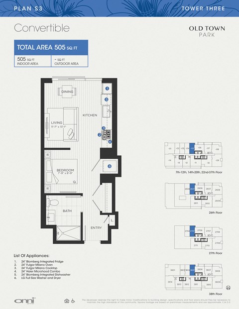 Floor plan for studio, 1 bath, 505 sqft